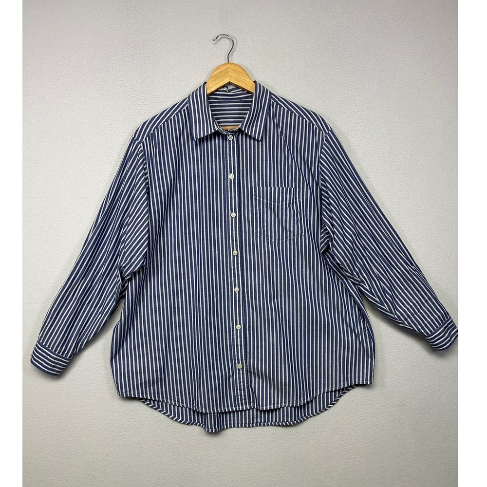 Preppy Coastal Gap Women Large Blue White Striped Long Sleeve Button Up Shirt